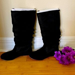 UGG Abilene Black Suede Perforated Scrunched Boots.